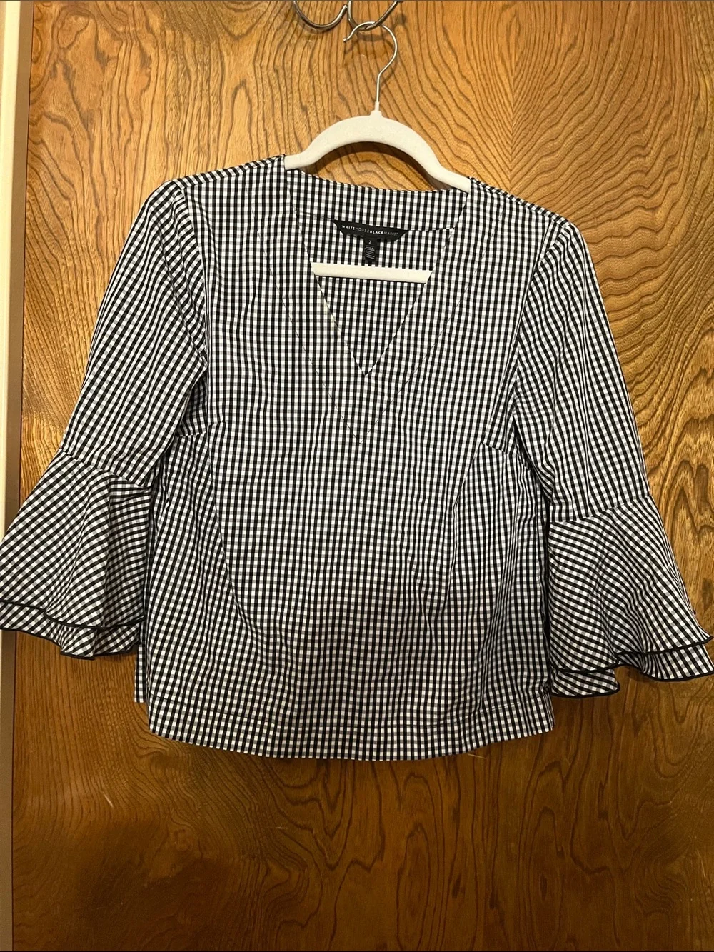 2 White House Black Market Black and White Gingham Bell Sleeve Top